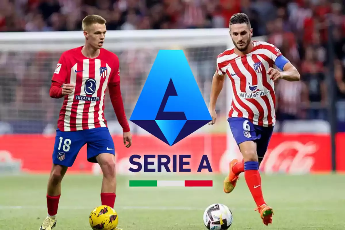 Dos jugadores del Atlético de Madrid con el logo de la Serie A en el centro.