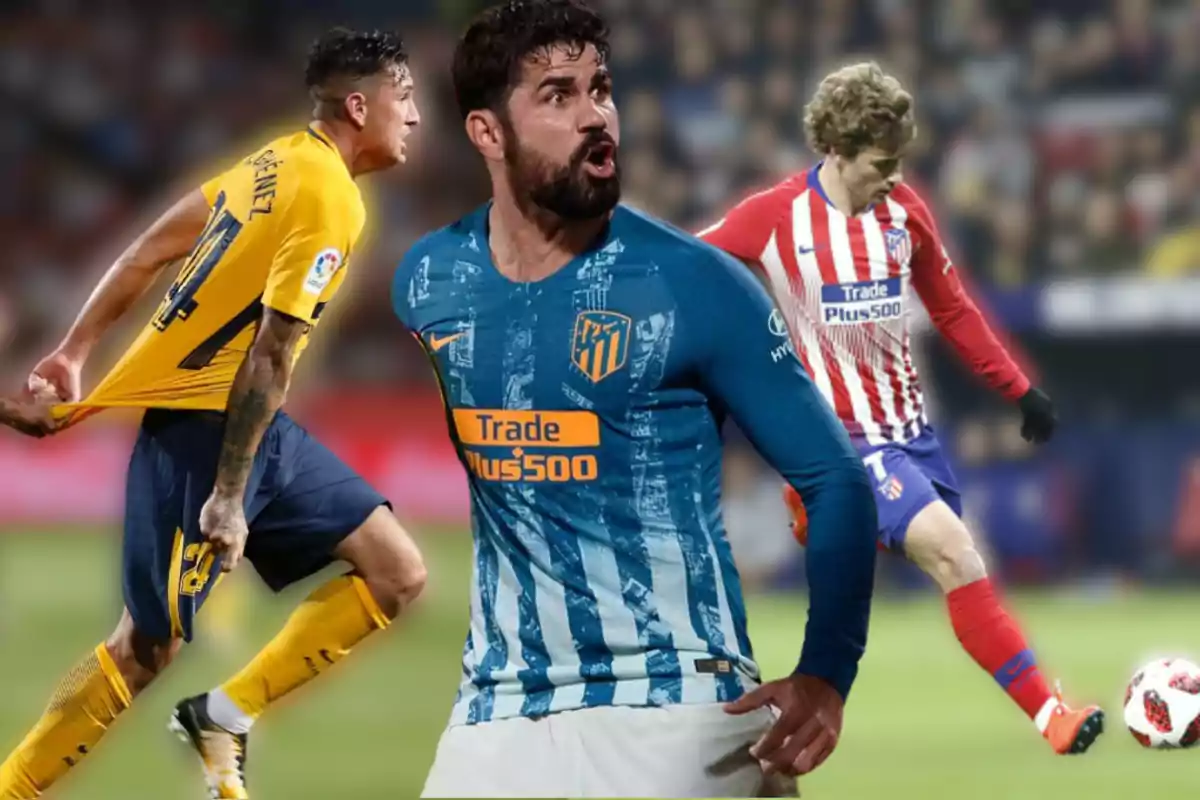 Tres jugadores de fútbol del Atlético de Madrid en diferentes acciones durante un partido.