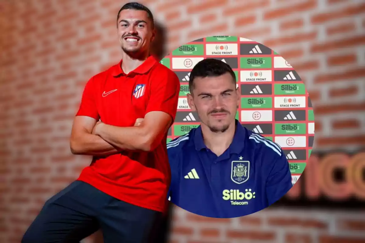 Un hombre con camiseta roja del Atlético de Madrid y una imagen circular de él con camiseta azul de la selección española frente a un fondo de patrocinadores.