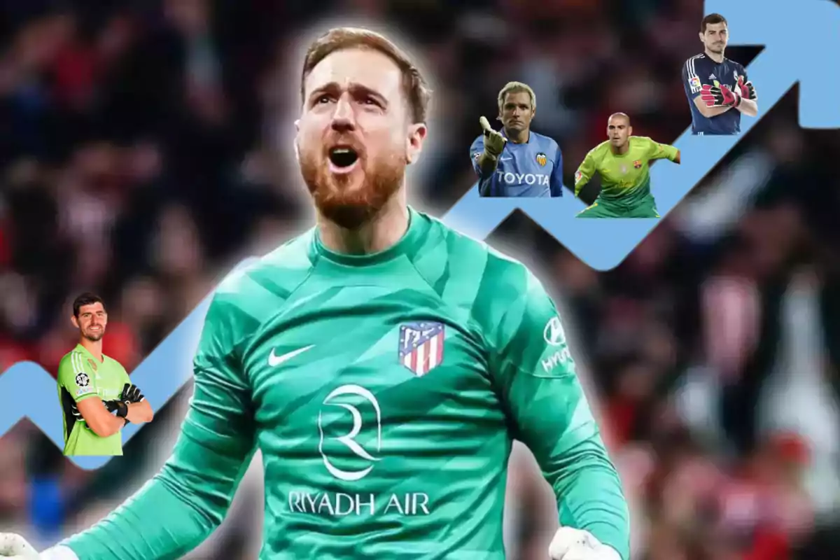 Un portero de fútbol con uniforme verde del Atlético de Madrid celebra en el campo, mientras en el fondo se ven imágenes de otros porteros famosos sobre una flecha ascendente azul.