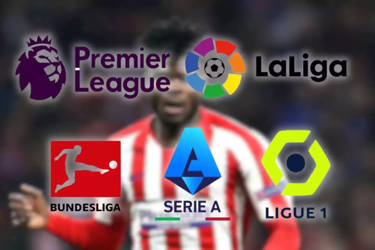 Logos de las principales ligas de fútbol: Premier League, LaLiga, Bundesliga, Serie A y Ligue 1.