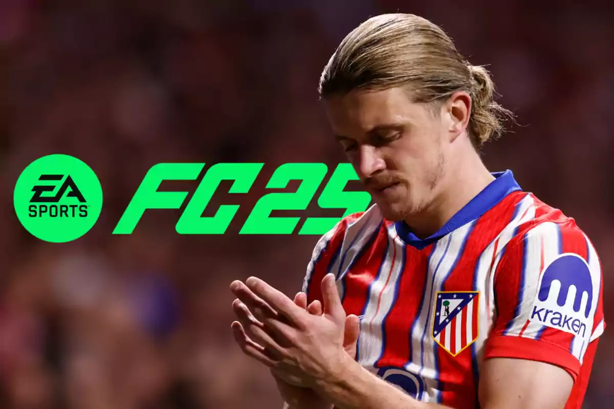 Un jugador de fútbol con la camiseta del Atlético de Madrid aparece en la imagen junto al logotipo de EA Sports FC 25.