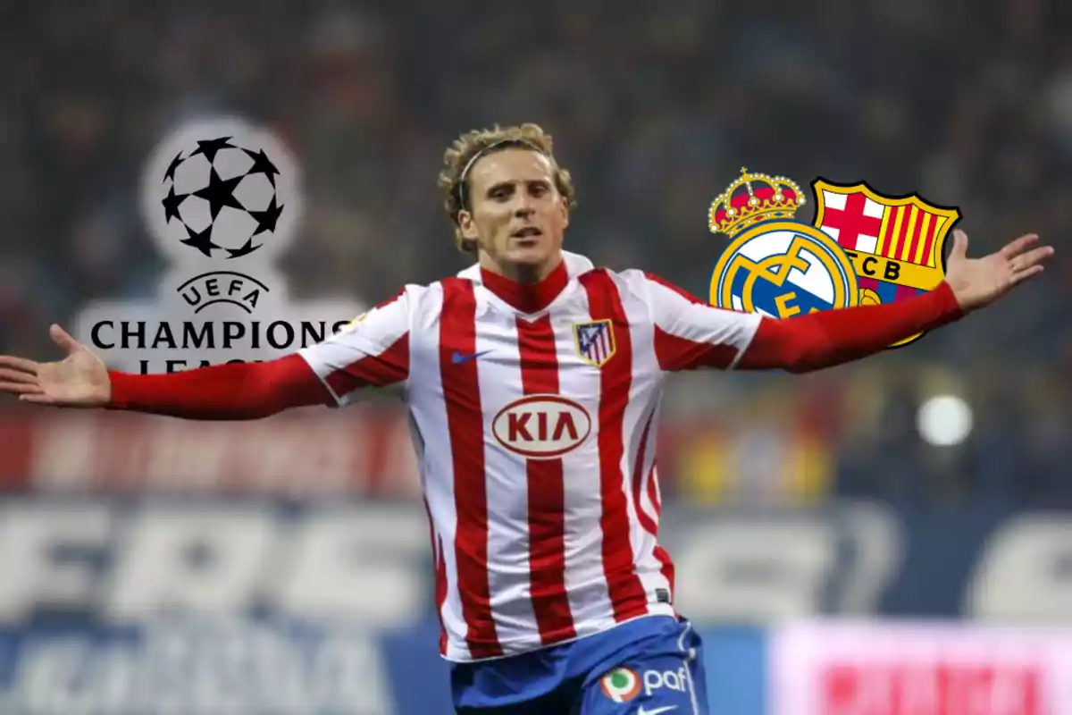 Un jugador de fútbol del Atlético de Madrid celebra con los brazos abiertos, con los logos de la UEFA Champions League, Real Madrid y Barcelona en el fondo.