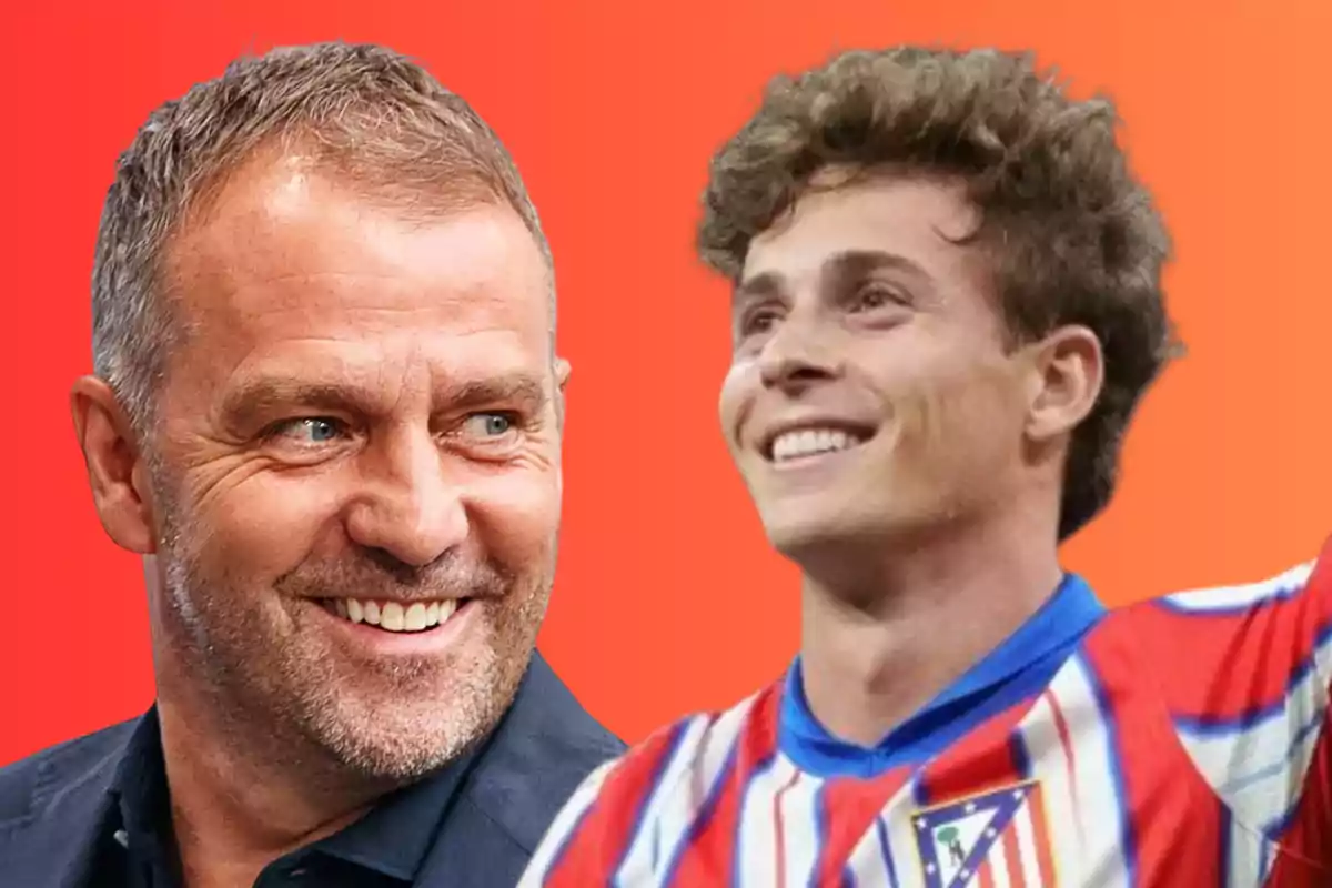 Dos hombres sonrientes, uno con camisa azul y el otro con camiseta de fútbol del Atlético de Madrid, sobre un fondo degradado naranja.