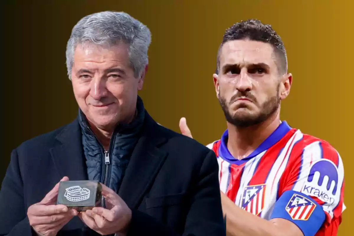 Un hombre mayor sosteniendo un objeto con un diseño de estadio junto a un jugador de fútbol con uniforme rojo y blanco.