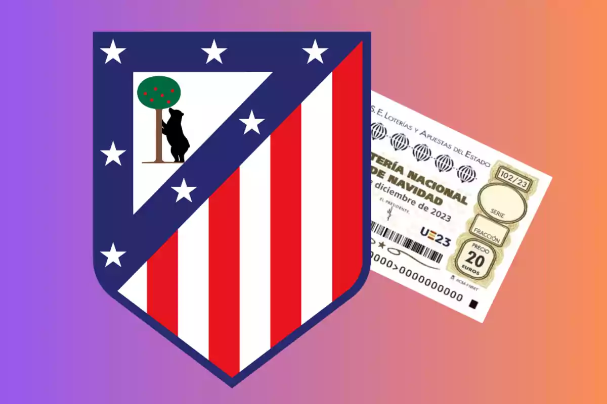 Escudo del Atlético de Madrid junto a un décimo de la Lotería de Navidad sobre un fondo degradado.