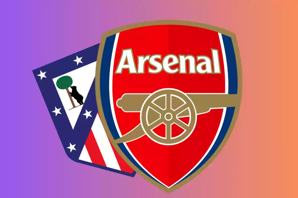 Escudos de los equipos de fútbol Atlético de Madrid y Arsenal sobre un fondo degradado.