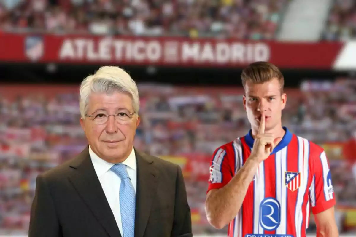 Dos personas posan frente a un fondo borroso con el logotipo del Atlético de Madrid.