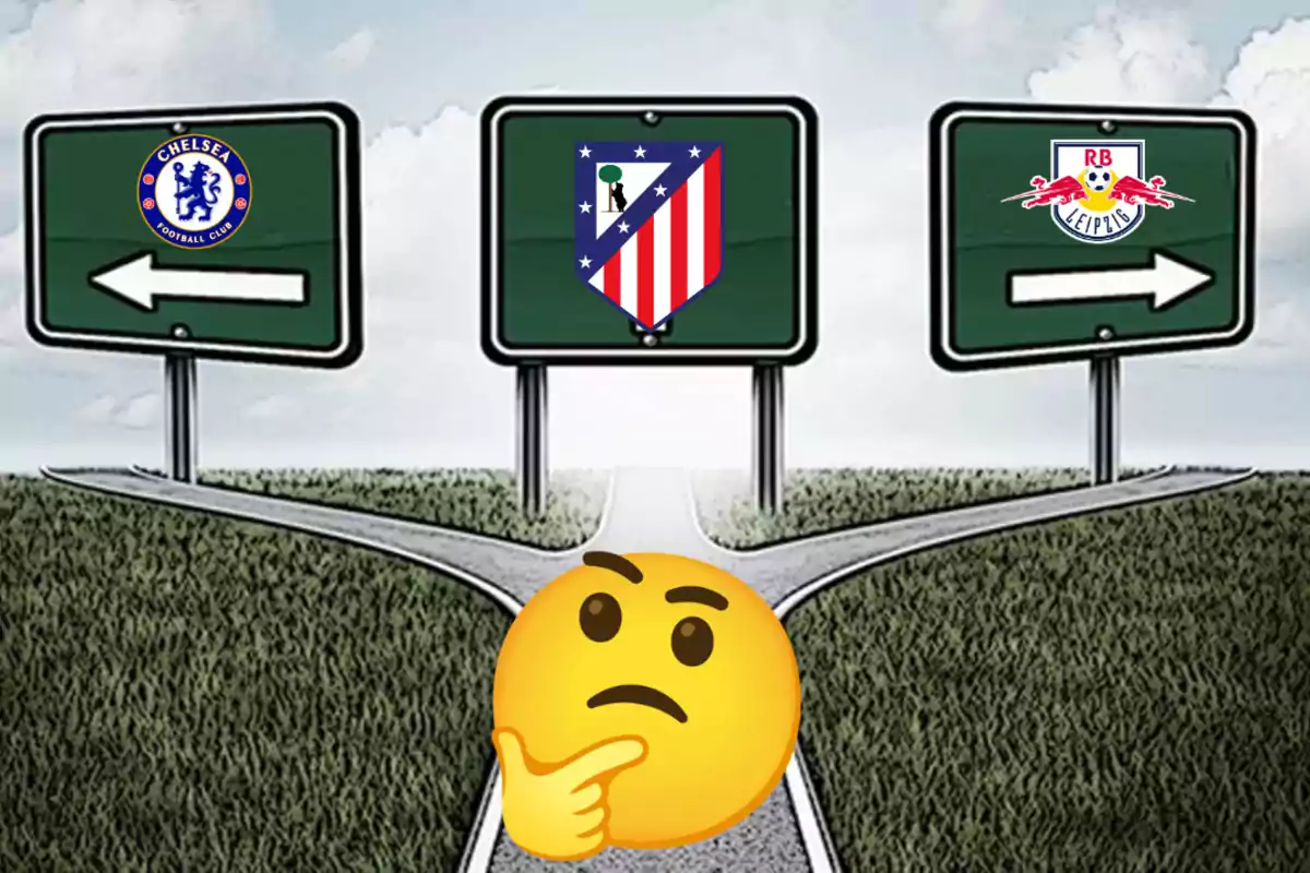 Una encrucijada con tres caminos señalizados con los logotipos de Chelsea FC, Atlético de Madrid y RB Leipzig, y un emoji pensativo en primer plano.