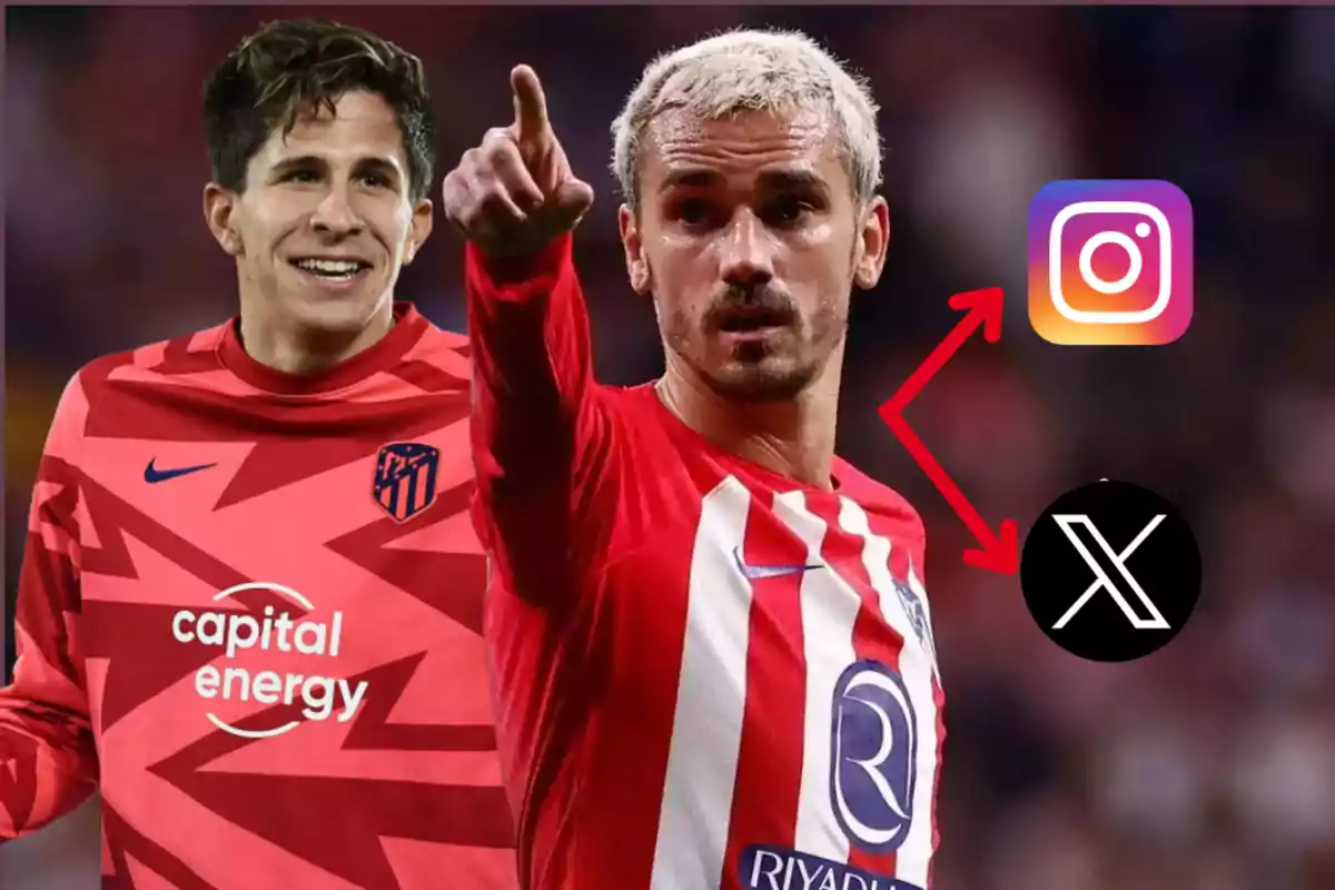 Dos jugadores de fútbol del Atlético de Madrid, uno con el uniforme de entrenamiento y otro con el uniforme de juego, junto a los logotipos de Instagram y X (anteriormente Twitter).