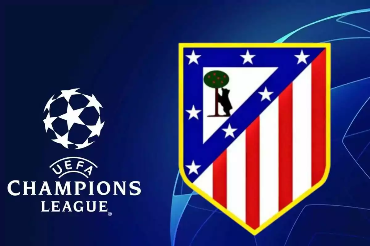 UEFA Champions League logo next to a soccer team's crest on a blue background.