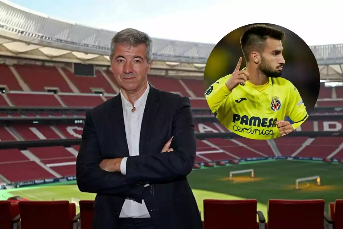 Hombre de traje en un estadio de fútbol con una imagen superpuesta de un jugador en uniforme amarillo.