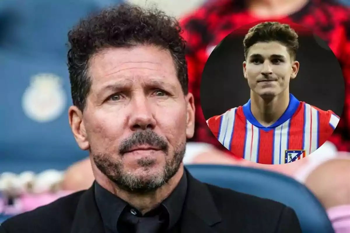 Un hombre con barba y cabello rizado está sentado, con una expresión seria, y en la esquina superior derecha hay un recuadro con la imagen de un joven con una camiseta de rayas rojas y blancas.