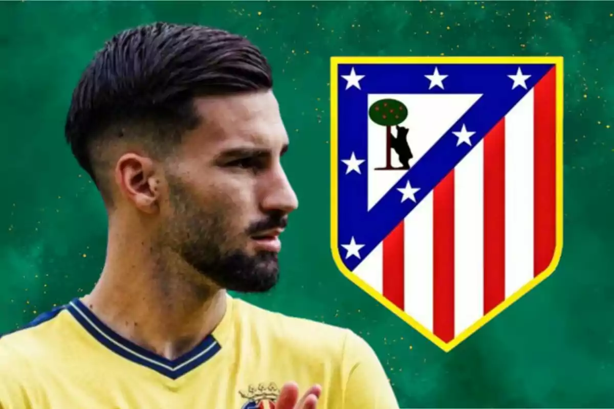 A player in a yellow jersey looks to the right, next to the Atlético de Madrid crest on a green background.