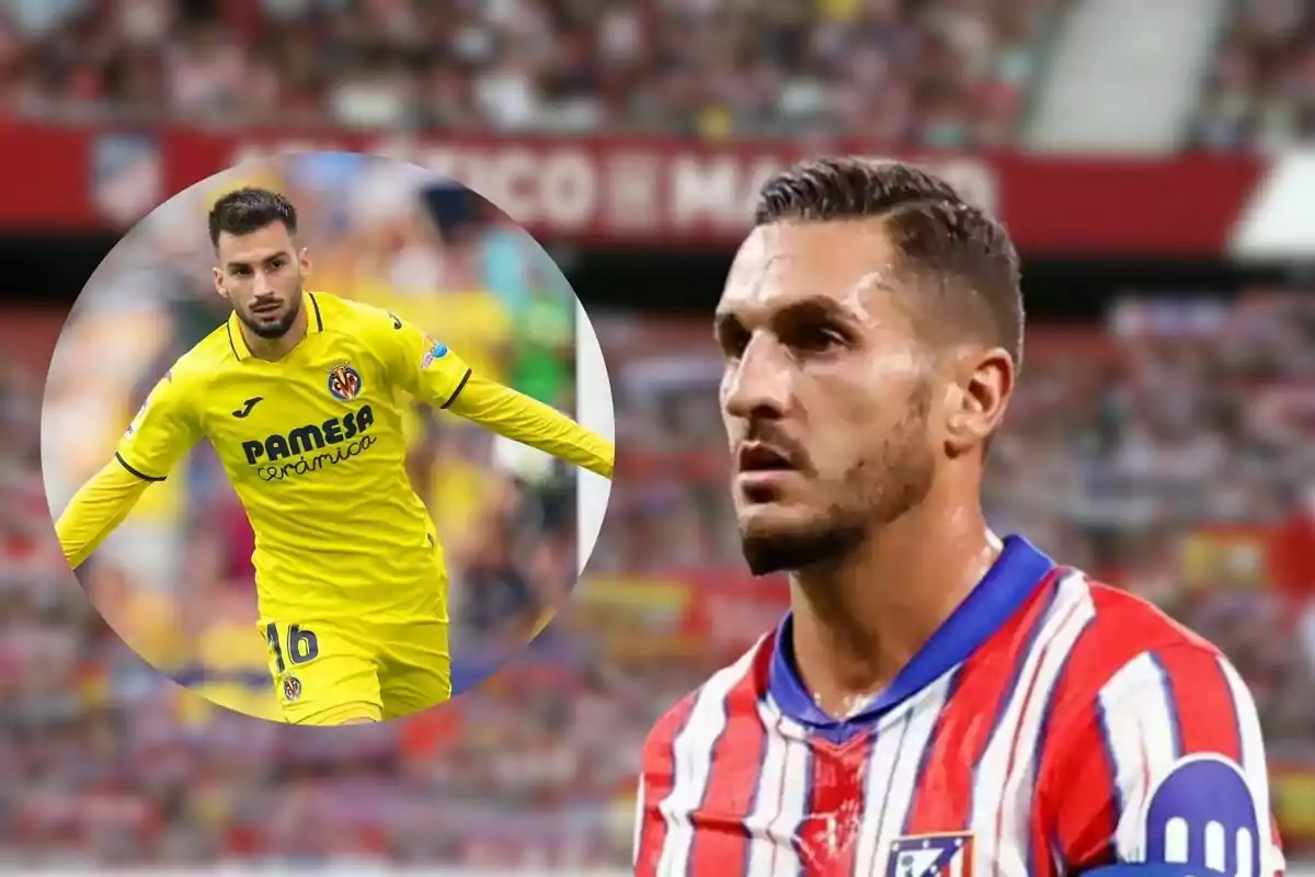 Dos jugadores de fútbol en un partido, uno con uniforme amarillo y otro con uniforme a rayas rojas y blancas.