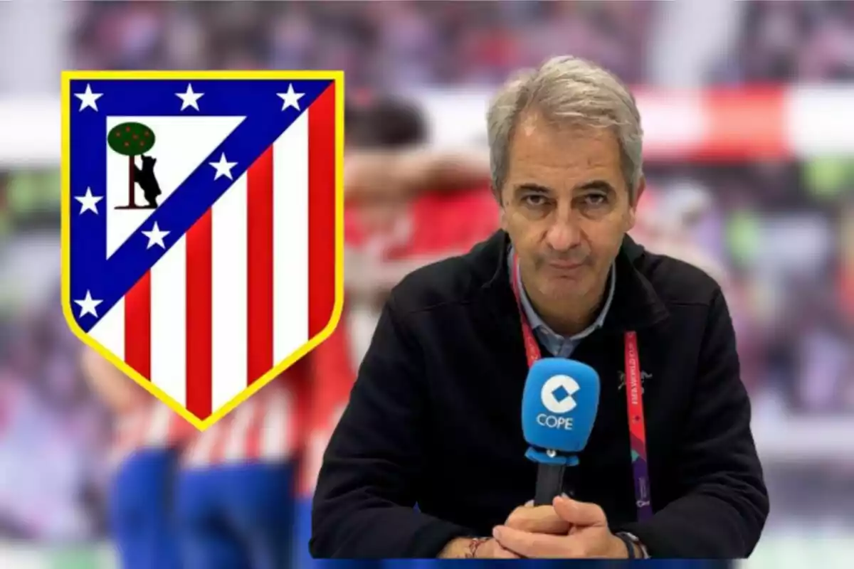 A man with a COPE microphone next to the Atlético de Madrid crest.