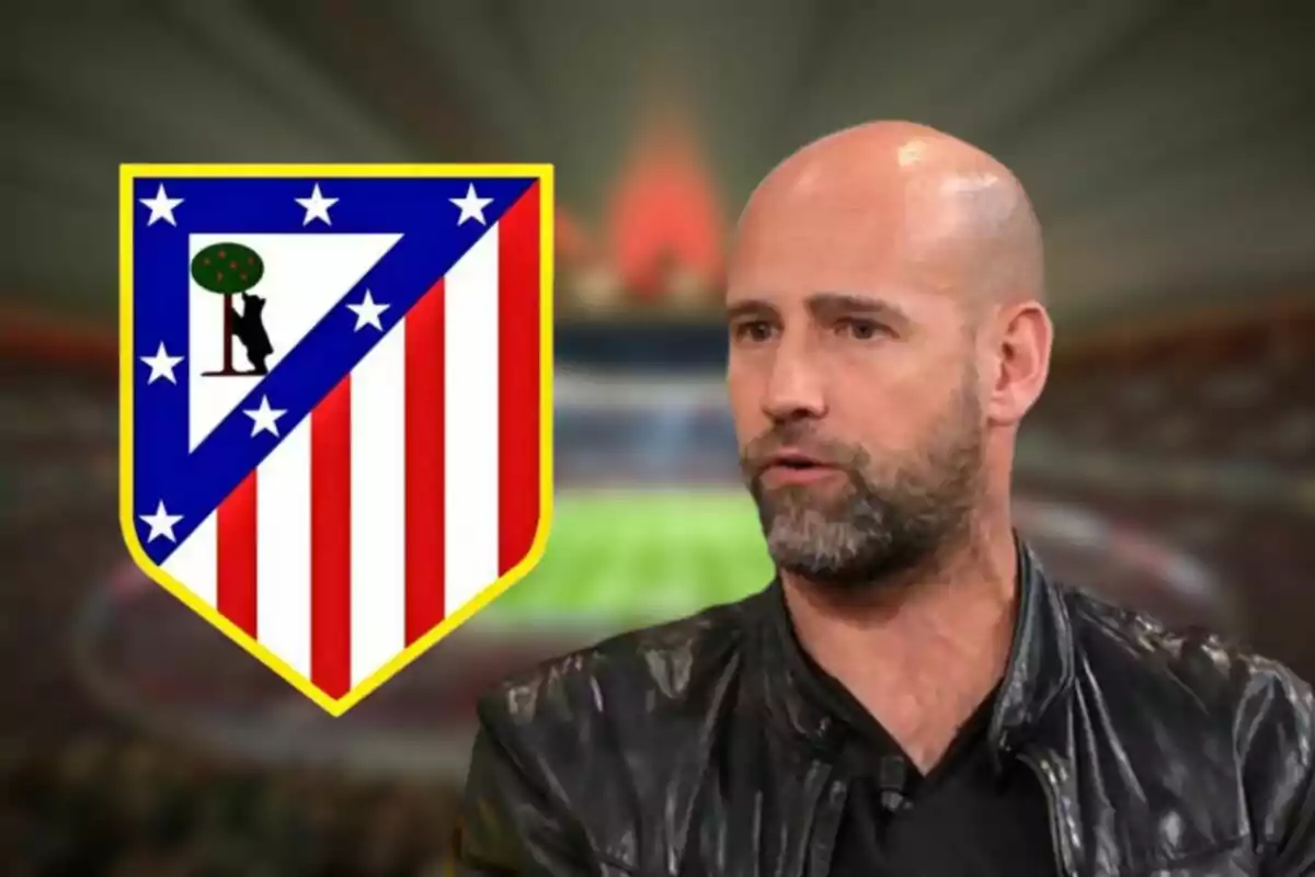 A man in a leather jacket appears next to the Atlético de Madrid crest in an out-of-focus background.