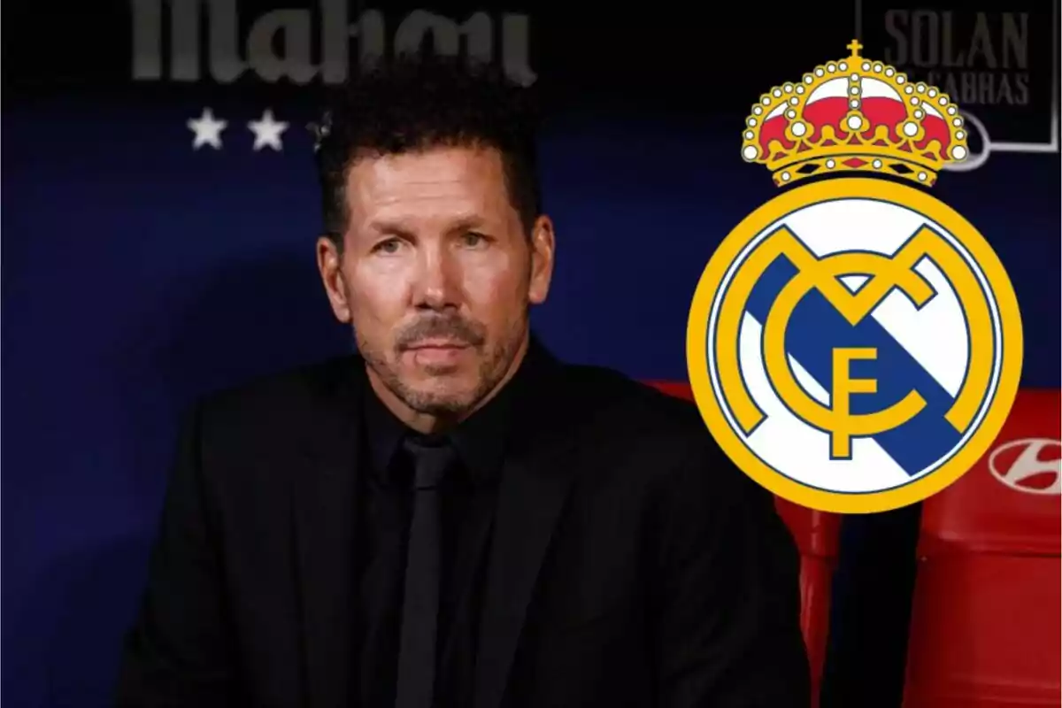 A man in a dark suit sits on a sports bench with the Real Madrid crest superimposed next to him.