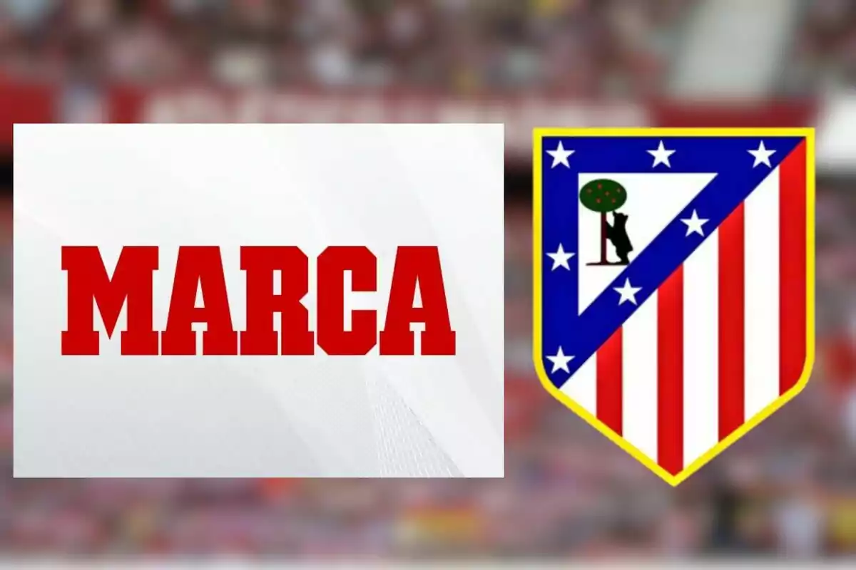 Logotipo de Marca junto al escudo del Atlético de Madrid sobre un fondo desenfocado.