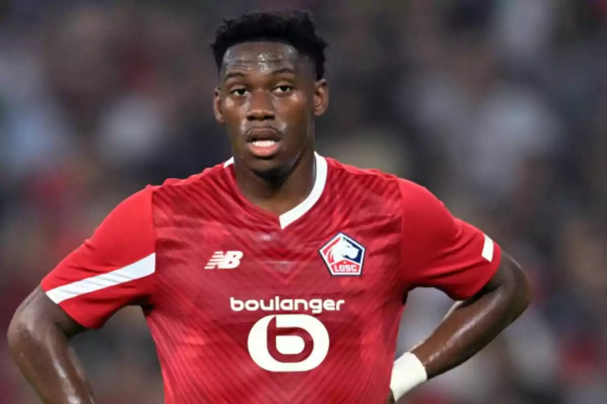 Jugador de fútbol con camiseta roja del equipo LOSC Lille en el campo de juego.