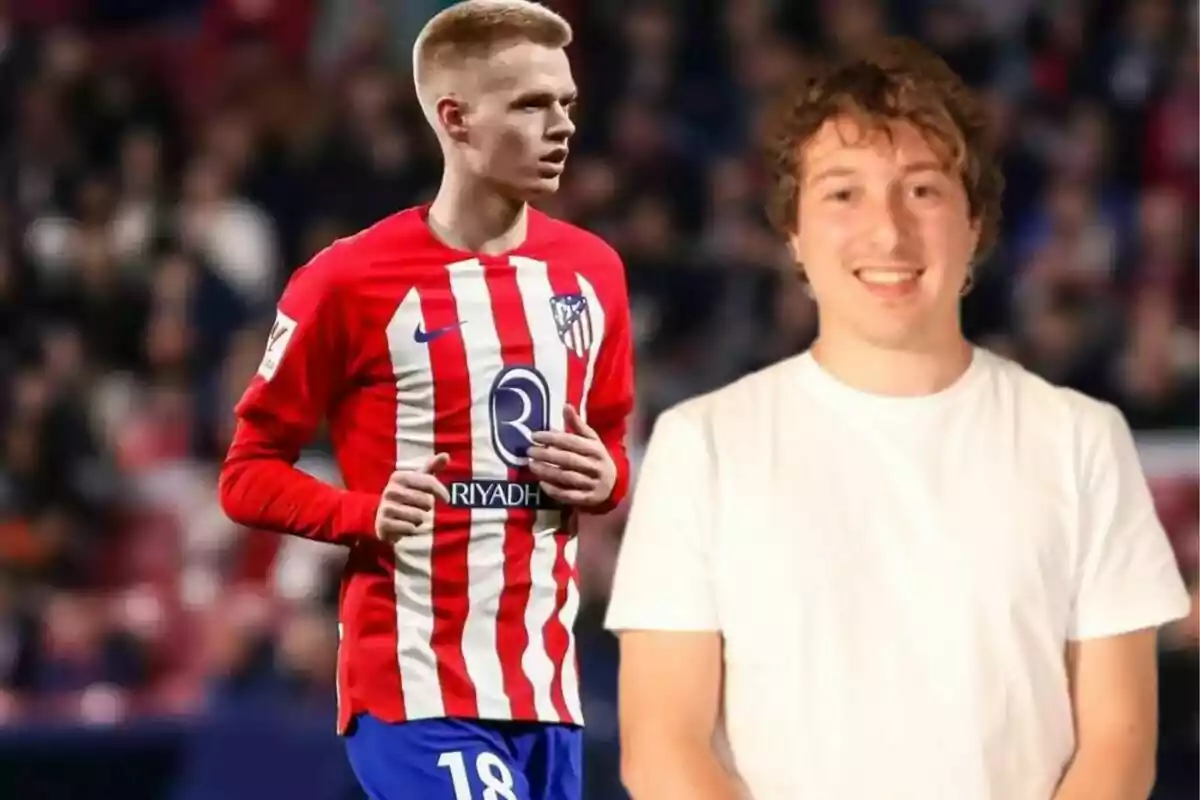 Un jugador de fútbol con el uniforme del Atlético de Madrid y una persona con camiseta blanca sonriente en primer plano.