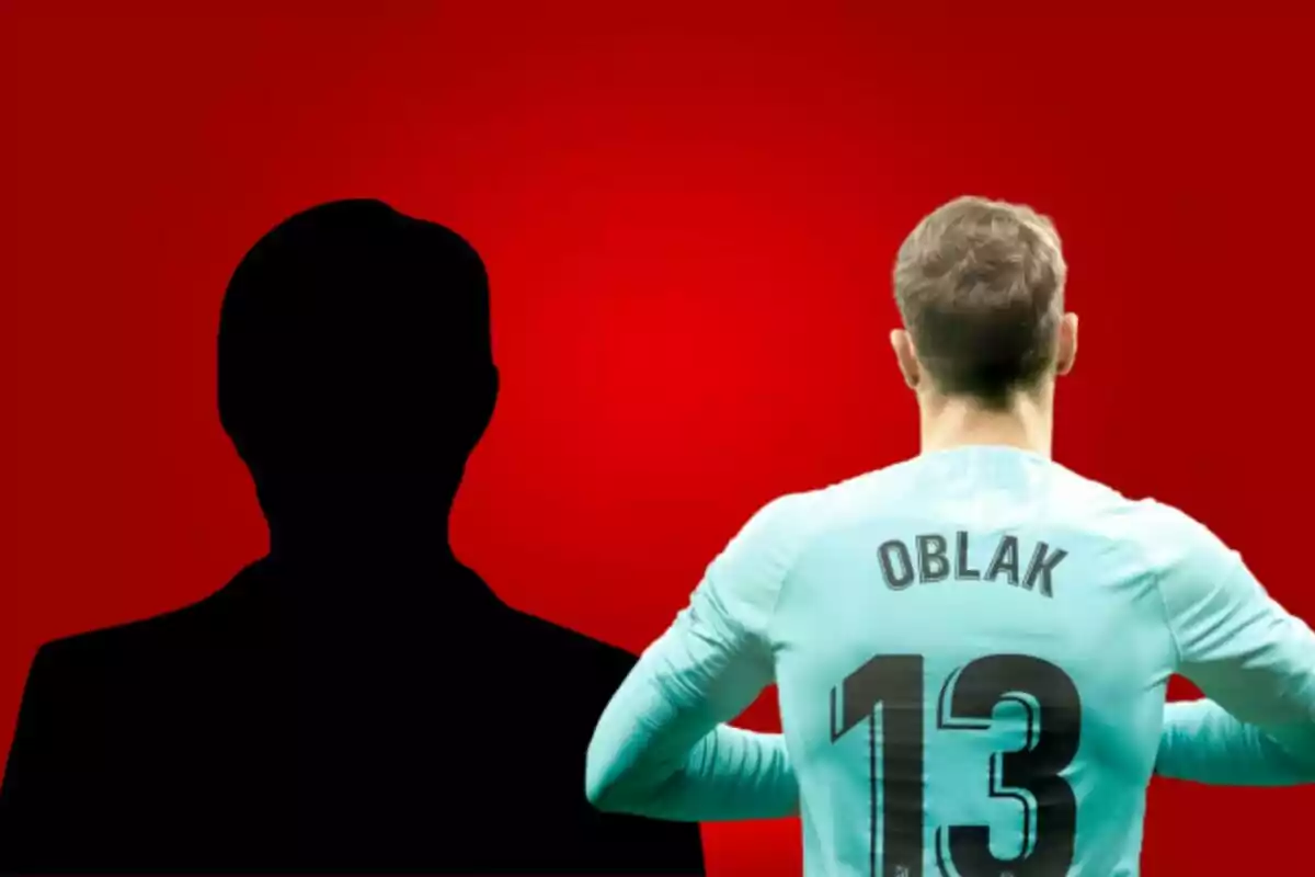 Un jugador de fútbol de espaldas con el nombre "Oblak" y el número 13 en su camiseta, junto a una silueta negra sobre un fondo rojo.