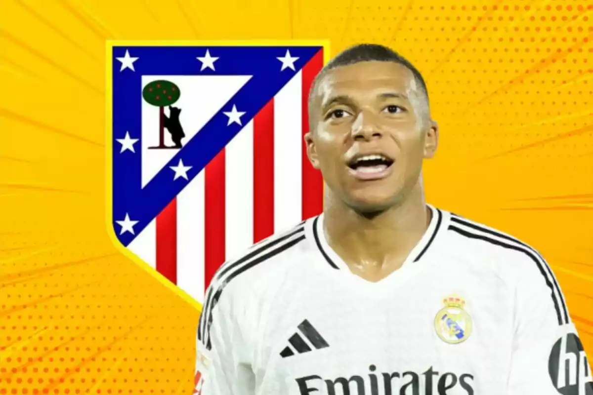 A soccer player in a white jersey in front of the Atlético de Madrid crest on a yellow background.