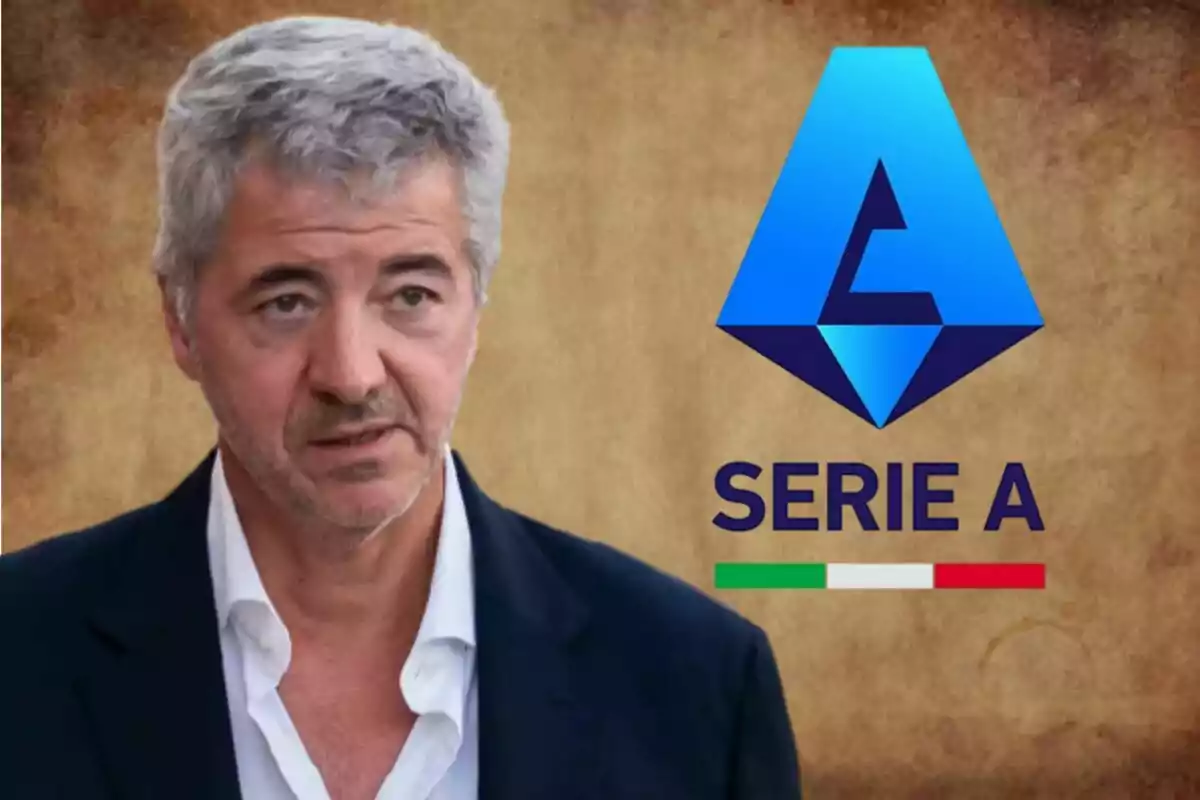 A gray-haired man in a dark suit and white jersey appears next to the Serie A logo on a brown background.