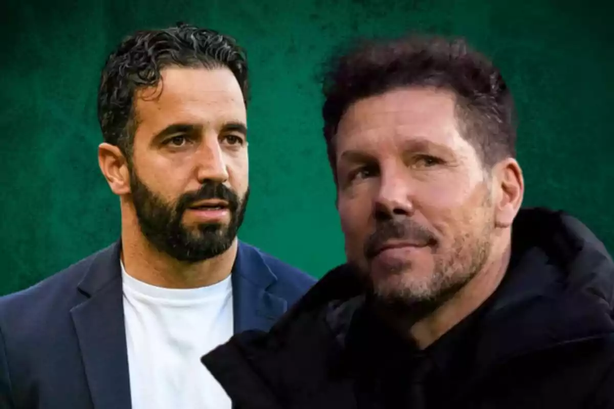 Dos hombres con barba y cabello oscuro en un fondo verde.