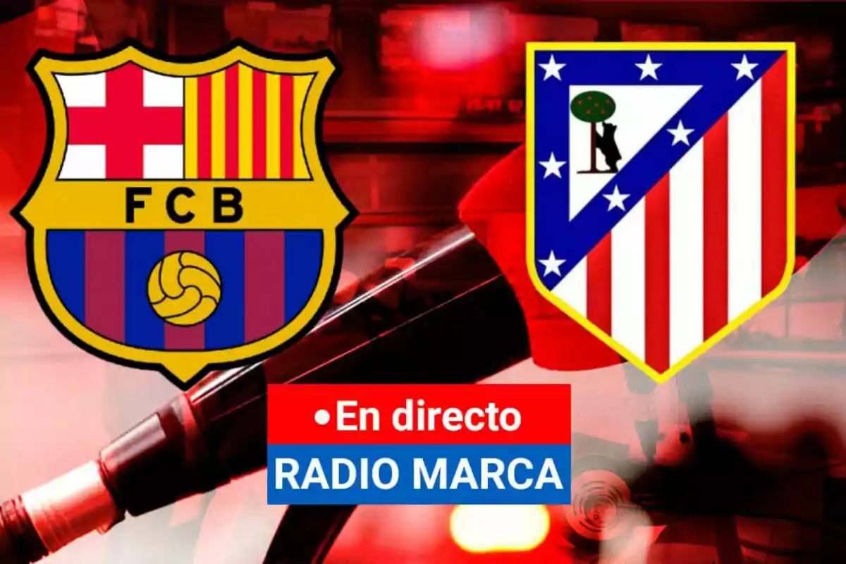 Escudos de dos equipos de fútbol con el texto "En directo RADIO MARCA" sobre un fondo rojo.