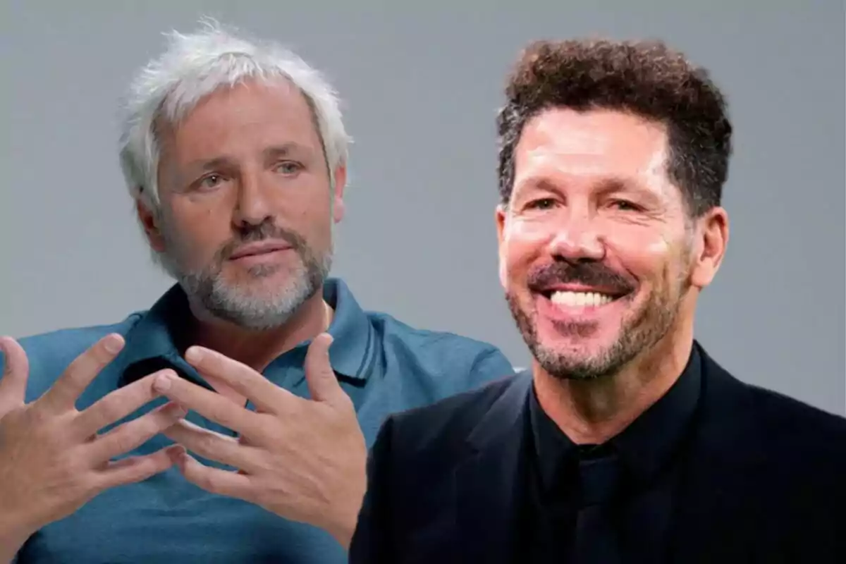 Dos hombres posando juntos, uno con cabello canoso y barba y el otro con cabello oscuro y rizado, ambos sonrientes.