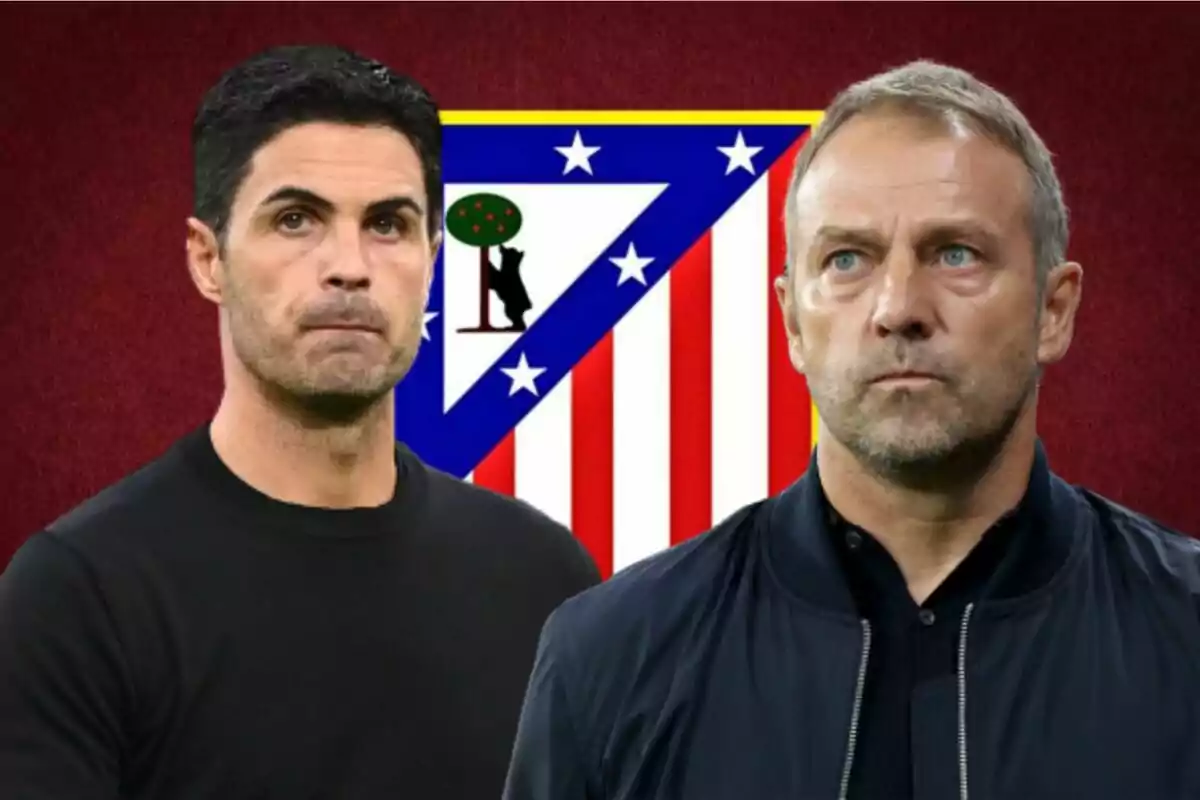 Dos hombres con expresiones serias frente al escudo del Atlético de Madrid.