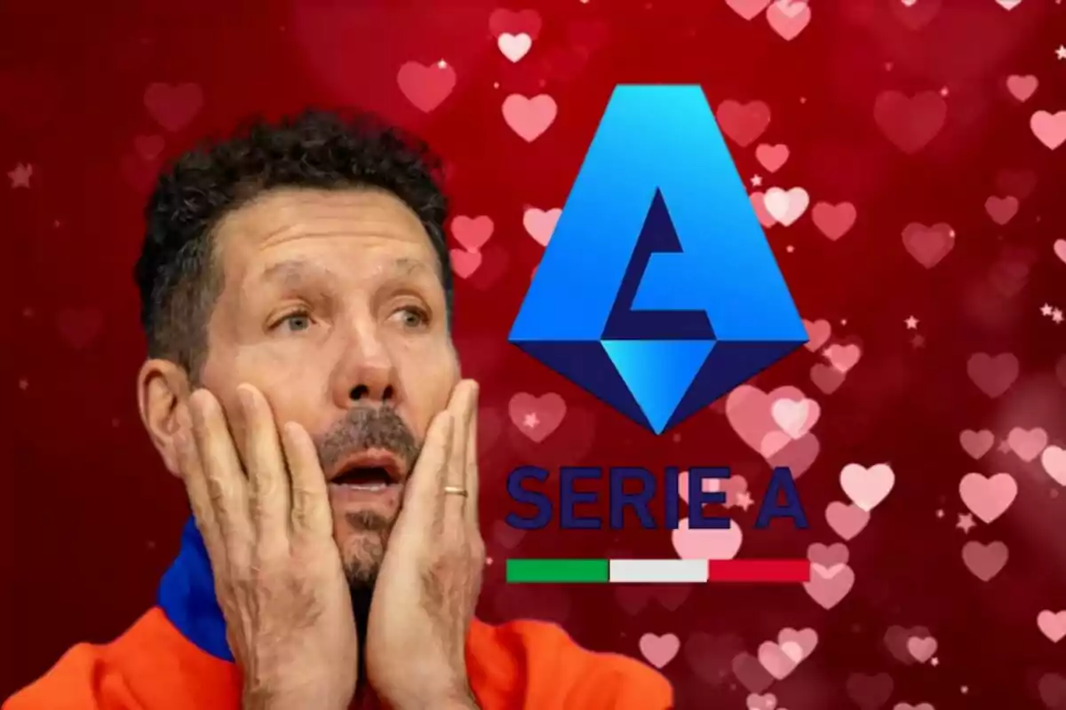 Un hombre con expresión de sorpresa se toca la cara mientras mira hacia arriba, junto a un logotipo azul de la Serie A sobre un fondo rojo con corazones.