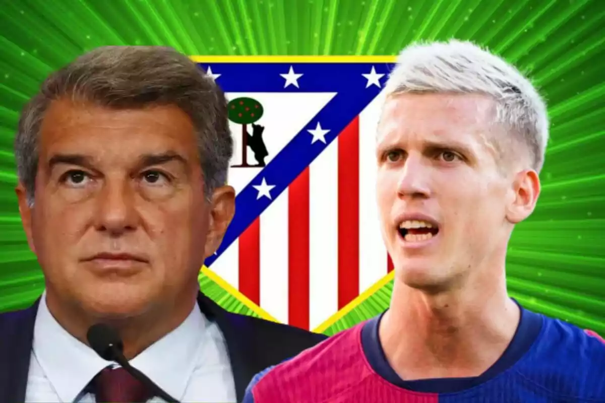 Dos hombres frente al escudo del Atlético de Madrid con un fondo verde brillante.