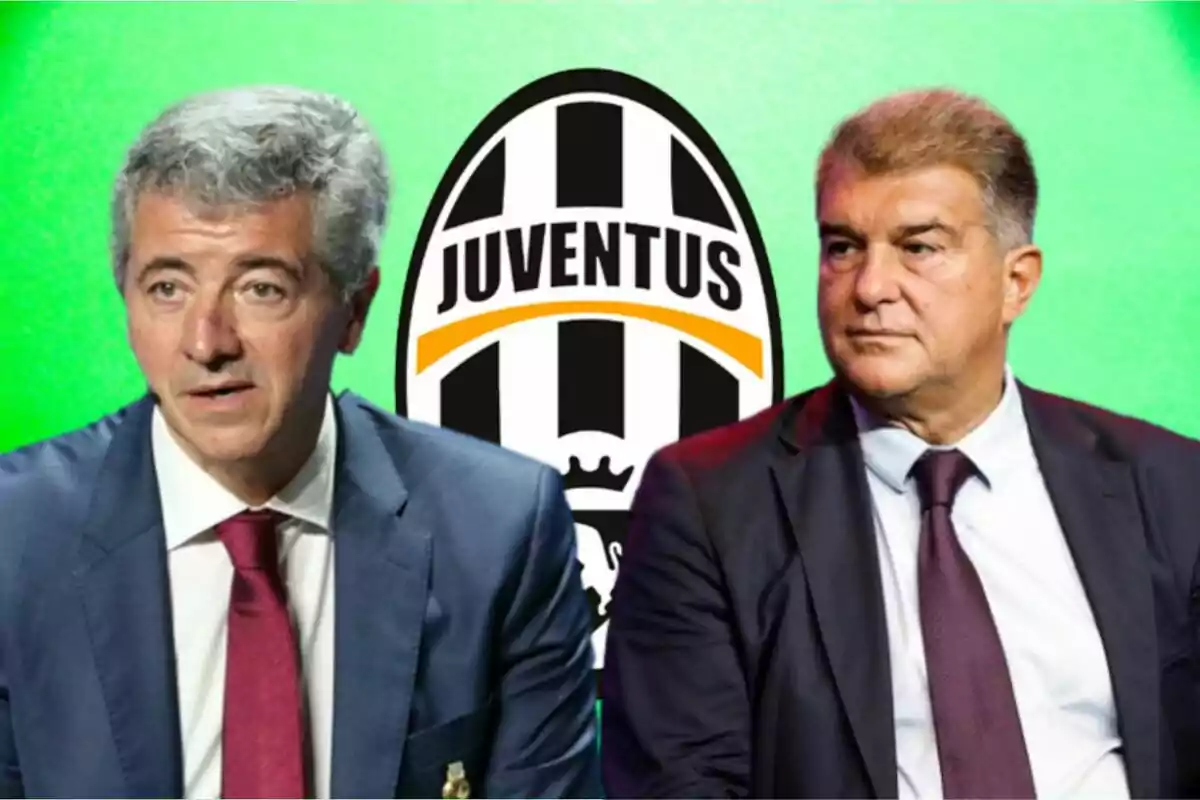 Dos hombres en traje frente al logo de la Juventus sobre un fondo verde.