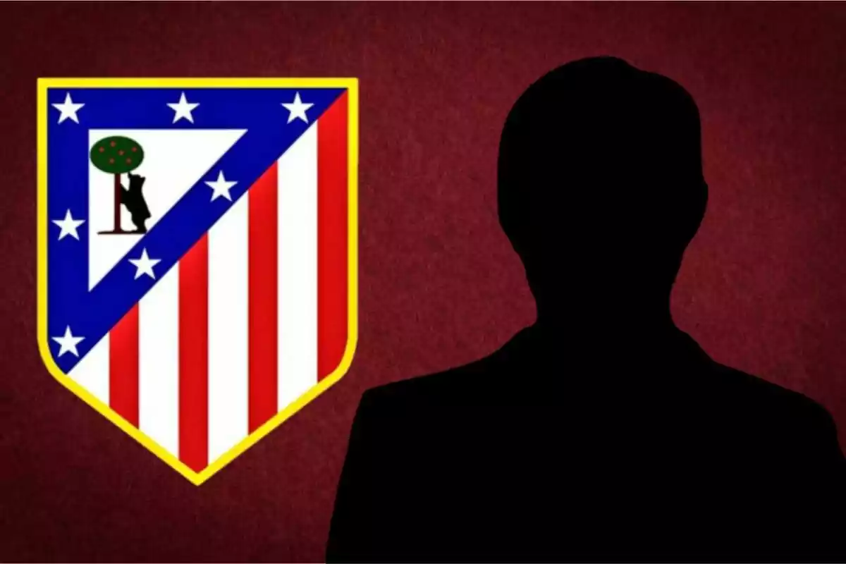 Silueta de una persona junto al escudo del Atlético de Madrid sobre un fondo rojo.