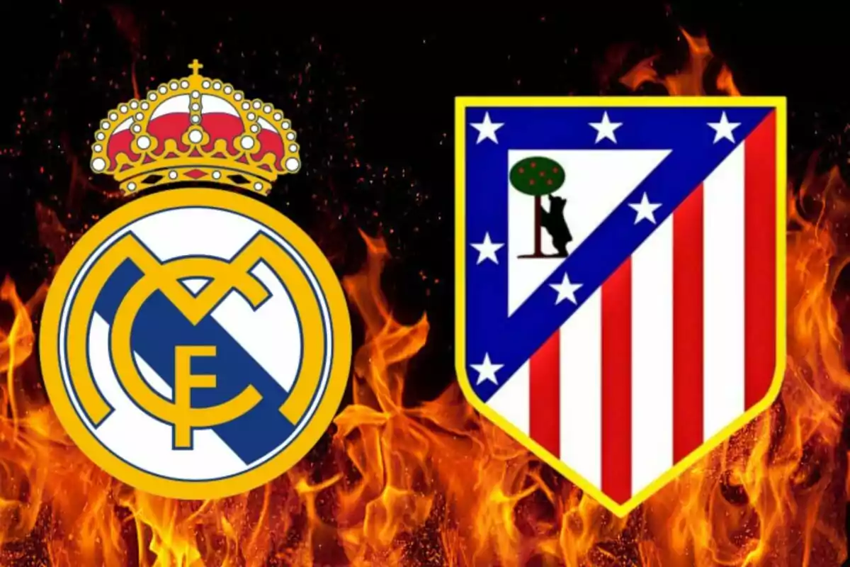 Escudos de dos equipos de fútbol sobre un fondo de llamas.