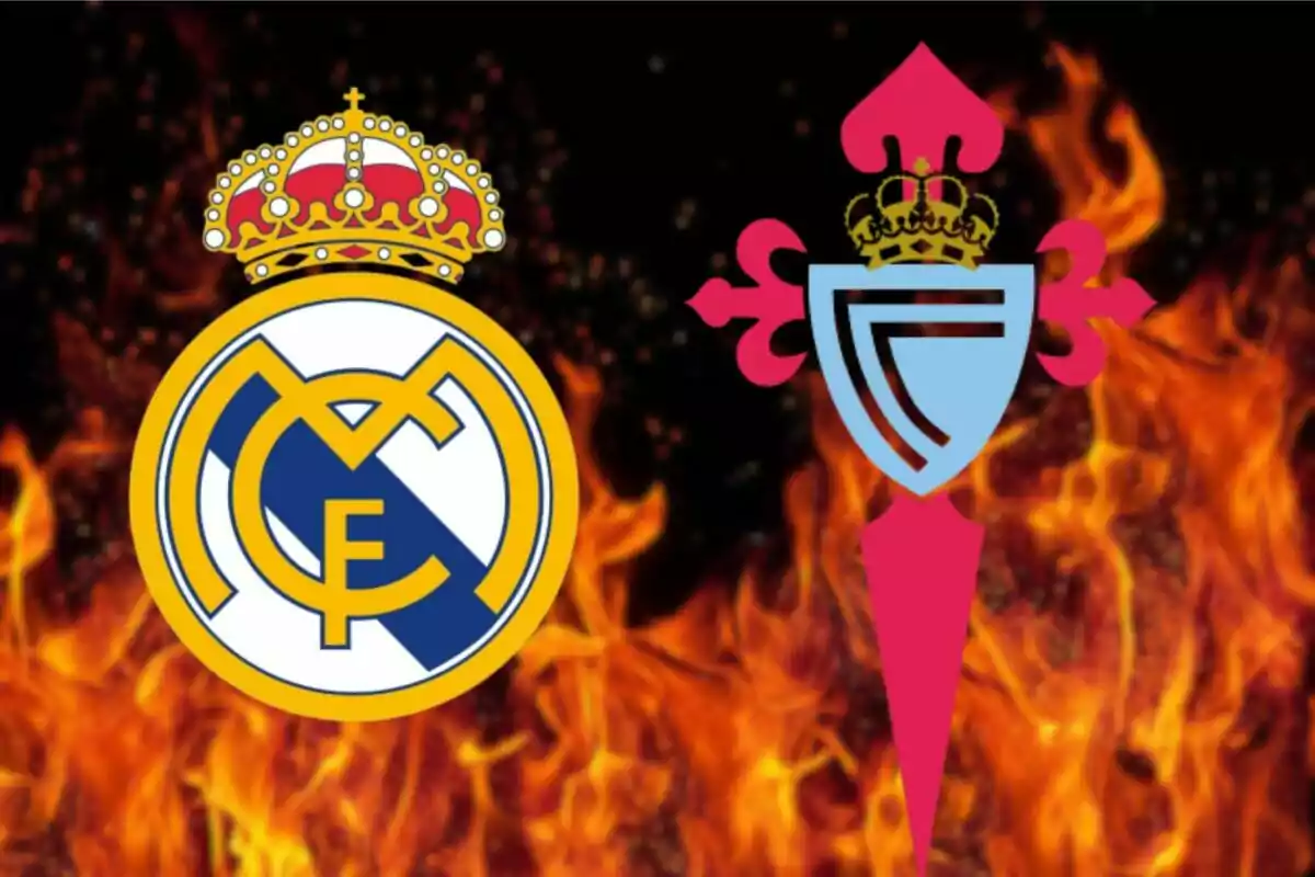 Logos de dos equipos de fútbol sobre un fondo de llamas.