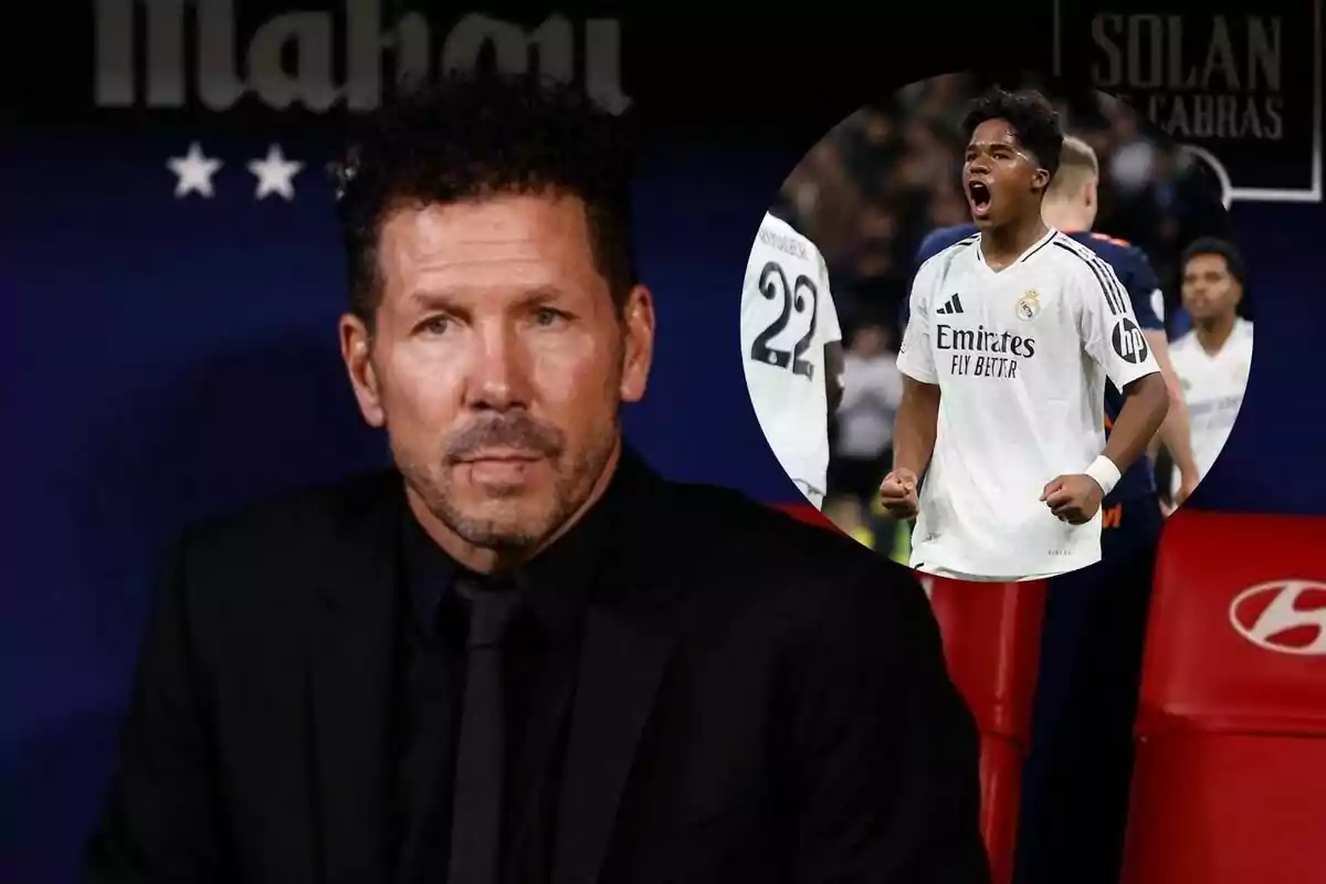 Un hombre con traje oscuro está sentado en un banquillo deportivo, mientras que en un círculo superpuesto se muestra a un jugador de fútbol celebrando con la camiseta del Real Madrid.