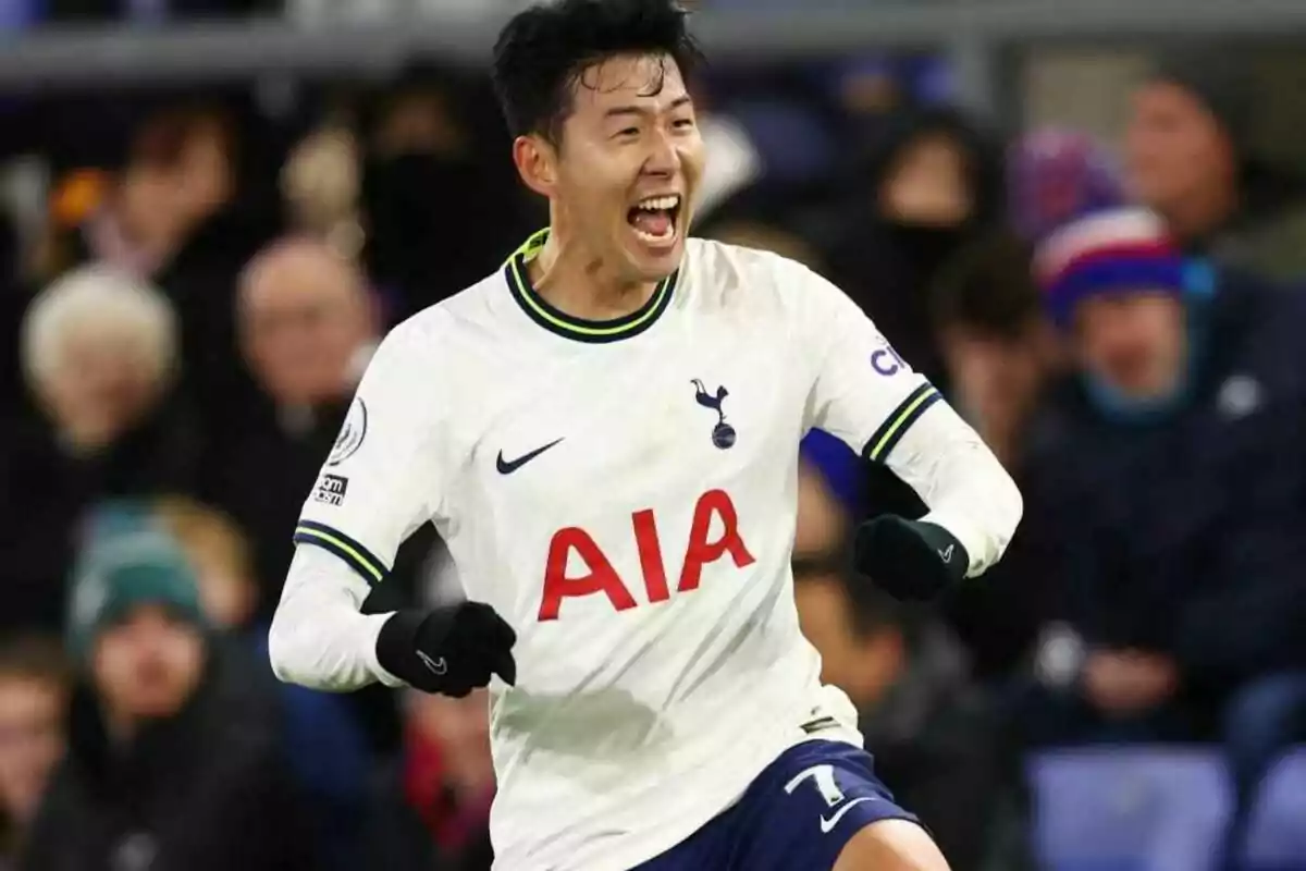 Football player celebrating a goal wearing a Tottenham Hotspur shirt.