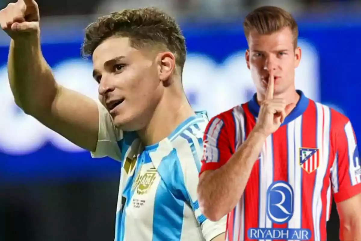 Dos futbolistas, uno con la camiseta de la selección argentina y otro con la camiseta del Atlético de Madrid, en una imagen compuesta.