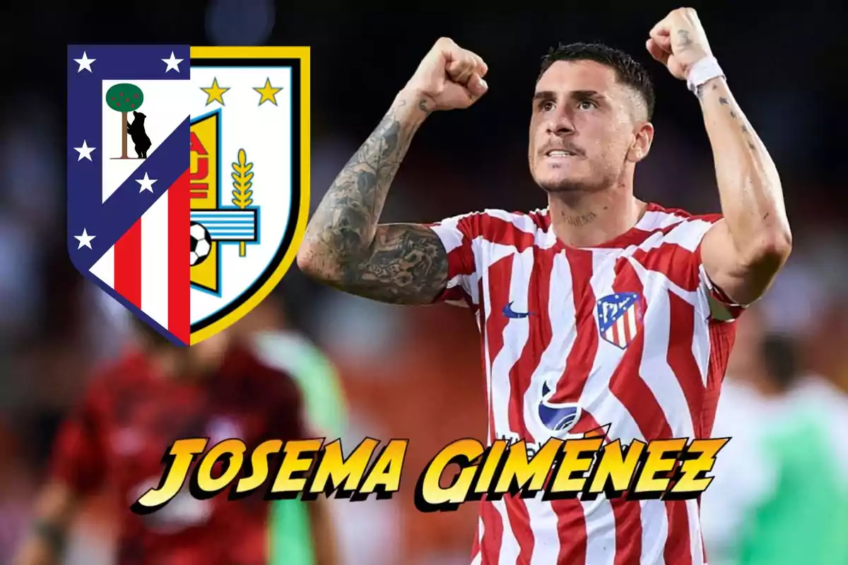 Jugador de fútbol con uniforme a rayas rojas y blancas levantando los brazos en señal de victoria, con un escudo dividido entre el Atlético de Madrid y la selección de Uruguay, y el nombre "Josema Giménez" en letras amarillas.