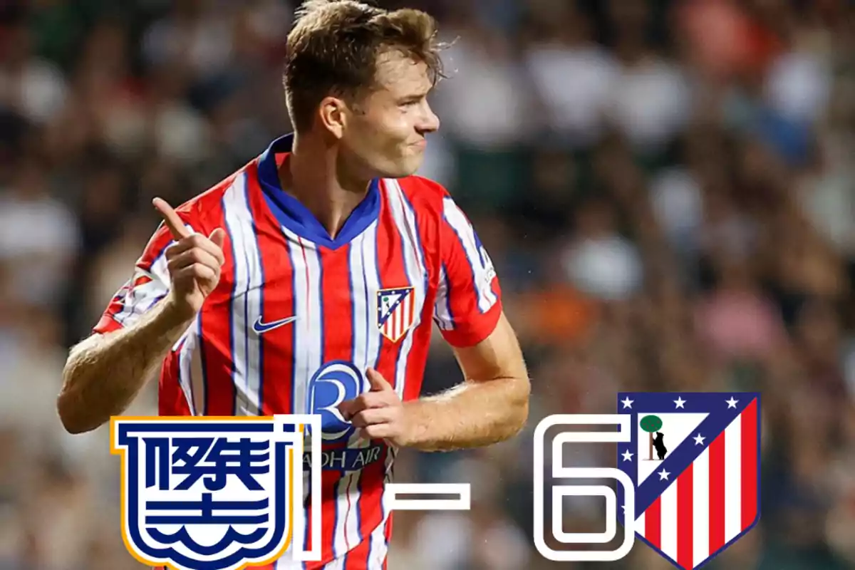 Jugador del Atlético de Madrid celebrando un gol en un partido que terminó 6-1.