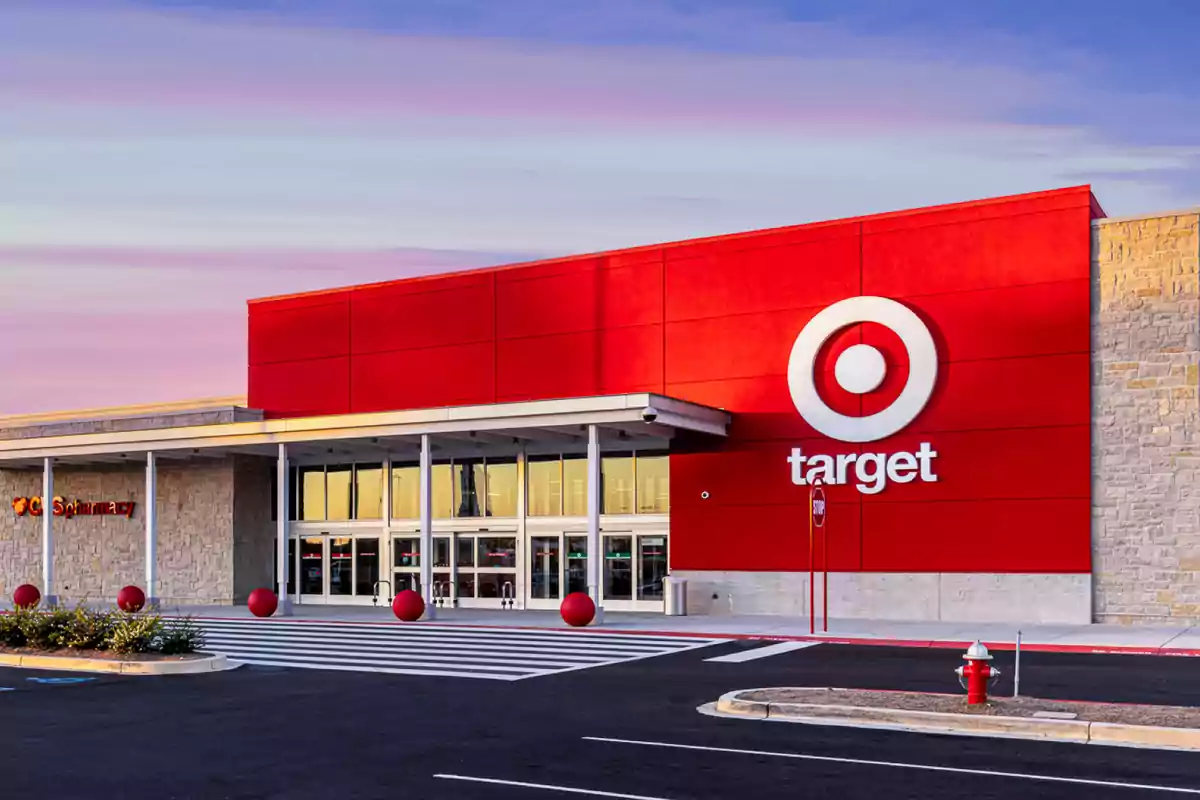 Storefront with a large red and white sign at the entrance and a parking lot in front. Storefront with a large red and white sign at the entrance and a parking lot in front.