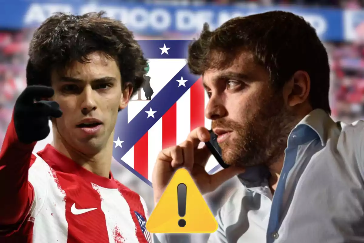 Dos hombres, uno con uniforme de fútbol y otro hablando por teléfono, con el escudo del Atlético de Madrid y un icono de advertencia en el centro.