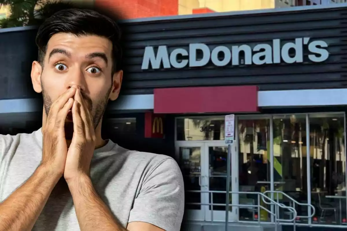 Un hombre con expresión de sorpresa está frente a un restaurante de McDonald's. Un hombre con expresión de sorpresa está frente a un restaurante de McDonald's.