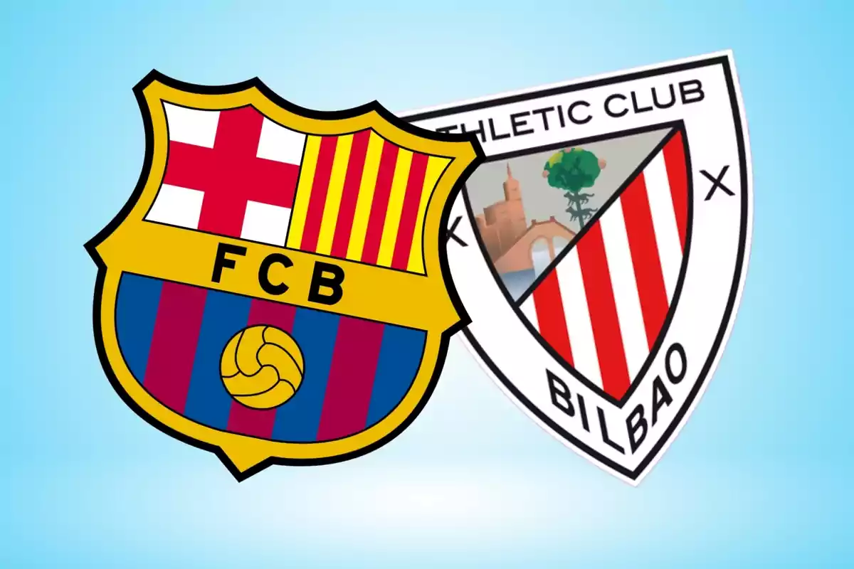 Escudos de los equipos de fútbol FC Barcelona y Athletic Club de Bilbao sobre un fondo azul claro.