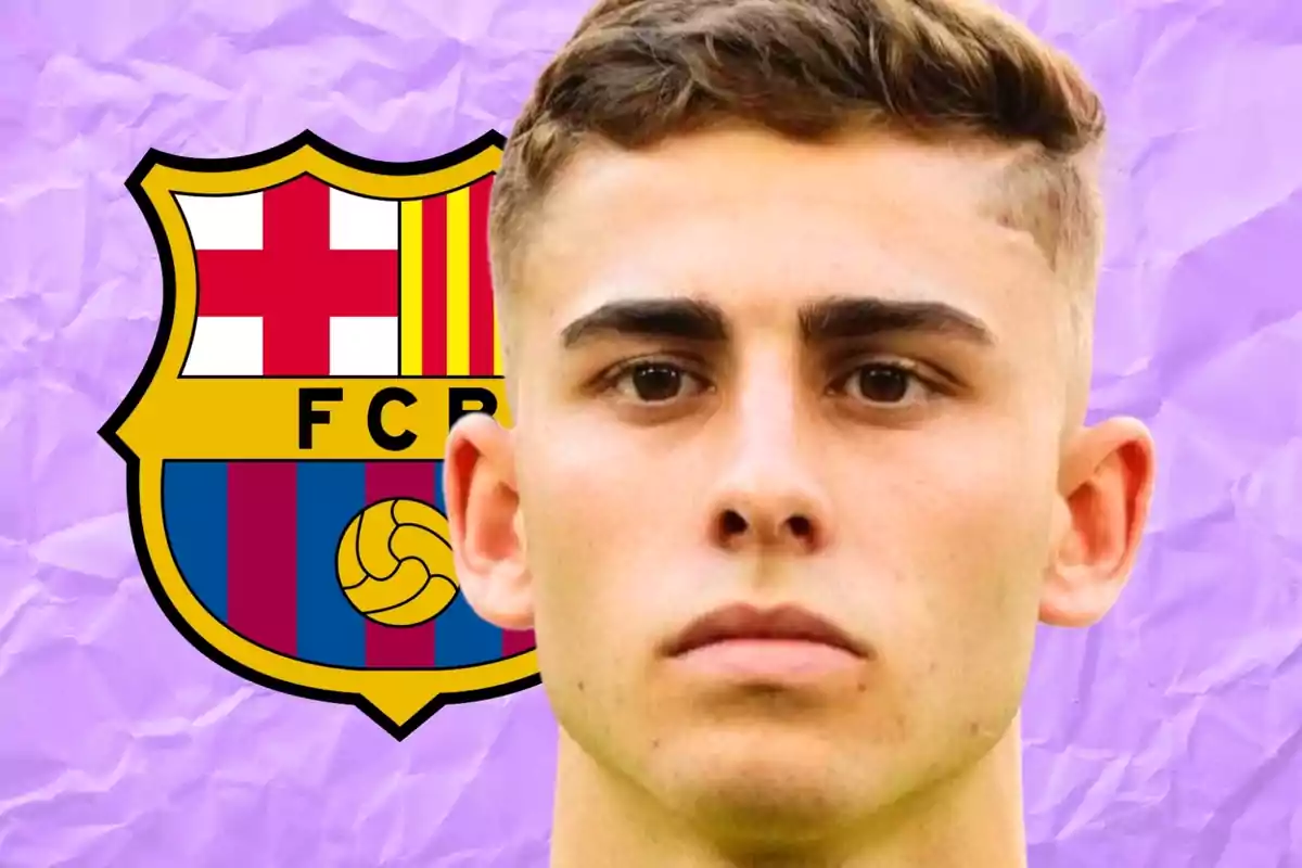 Un joven con el escudo del FC Barcelona de fondo sobre un fondo morado. Un joven con el escudo del FC Barcelona de fondo sobre un fondo morado.