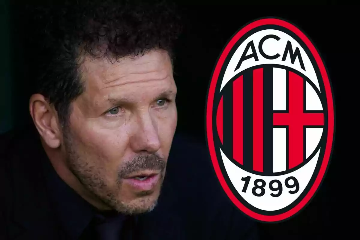 A man with a beard and curly hair next to the AC Milan logo.