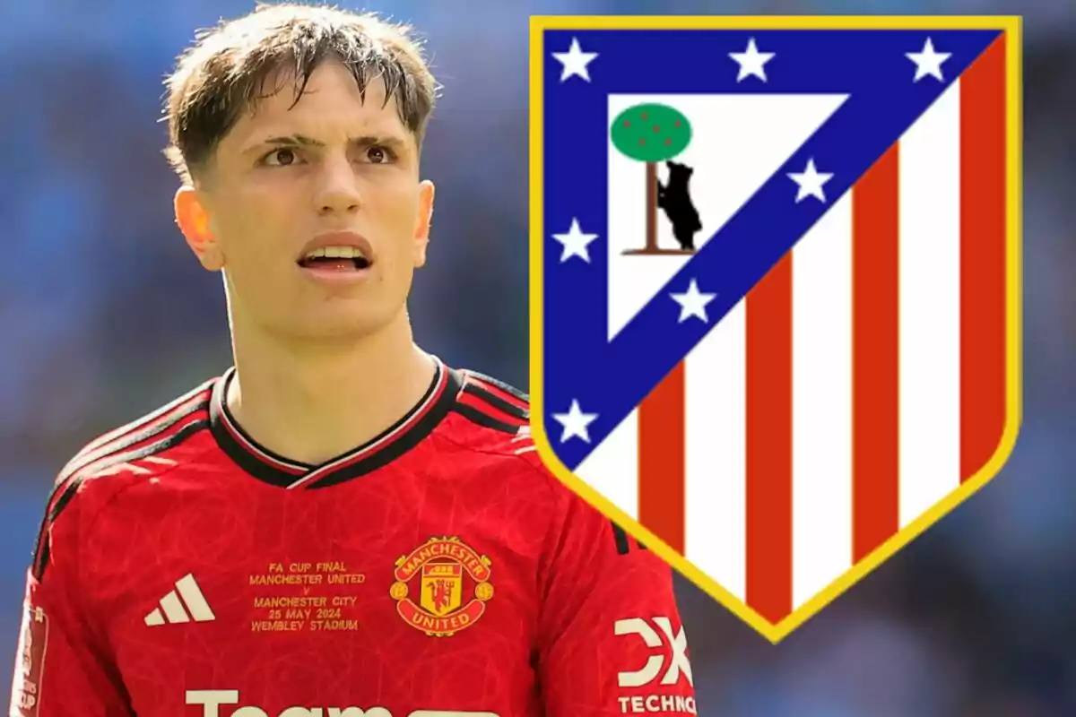 A football player wearing a Manchester United jersey appears next to the Atlético de Madrid crest.